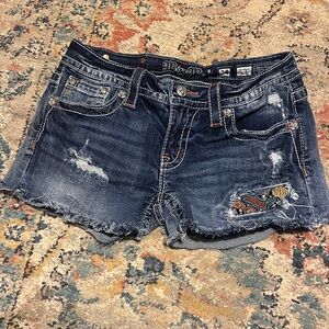 Miss Me Dark Blue Distressed embroidered Rhinestone Cowgirl 🐎Jean cut off Shorts